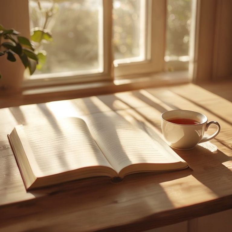 Morning workspace Sunlit desk with notebook and coffee